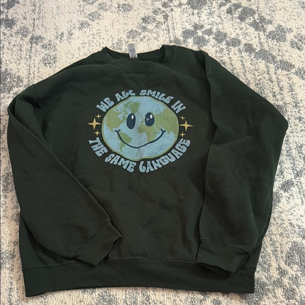 Gildan Dark Green Crewneck Sweater with Smiley Design
